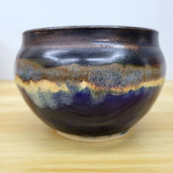 Signed Studio Pottery Bowl – Fan Mark – Drip Glaze in Indigo & Earth Tones – 6.5 - Picture 7 of 11